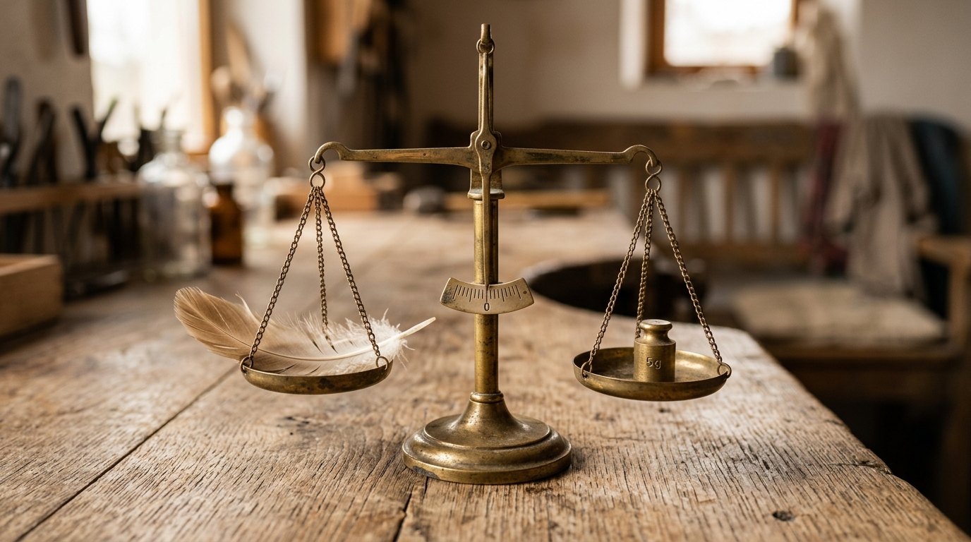 Vintage brass balance scale measuring precise weight equilibrium on a rustic wooden workbench.