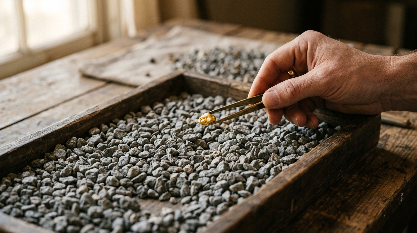 Artisan using brass tweezers to isolate a valuable golden pebble from common gravel.