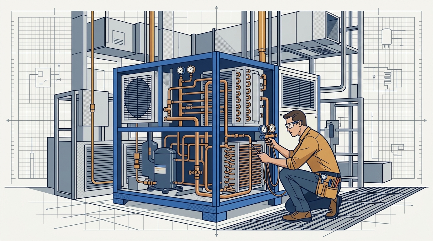 Commercial refrigeration technician working on cooling unit framed by structured schematic data blocks.