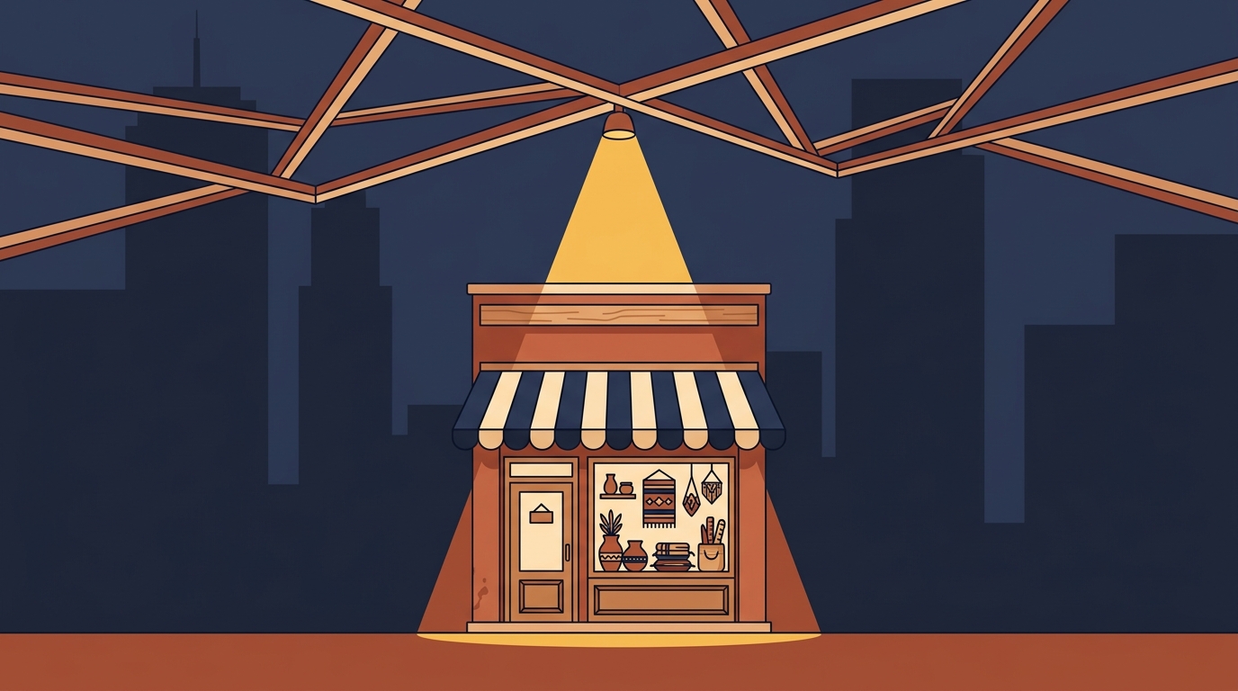 Local business storefront illuminated by targeted search discovery beams in a vector landscape.