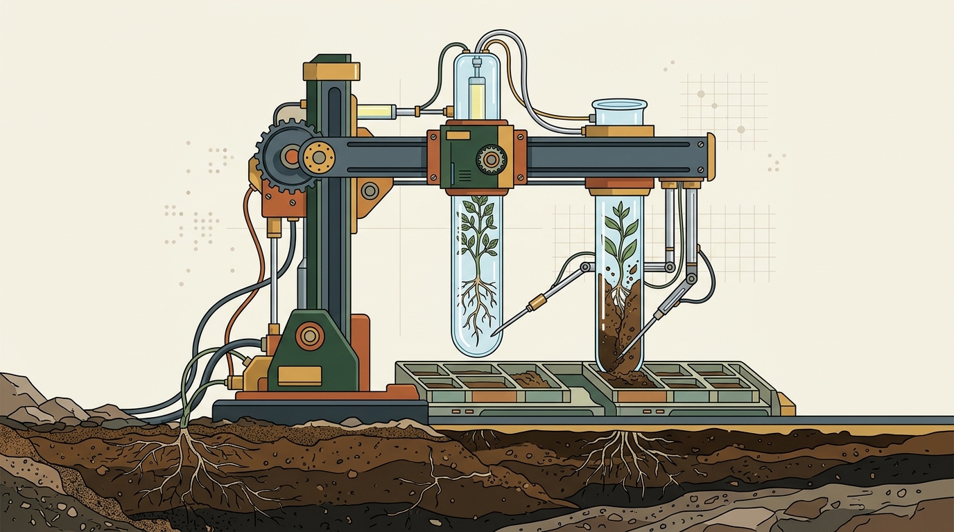 Editorial vector art of a mechanical harvester gathering clean verified data specimens from natural soil.