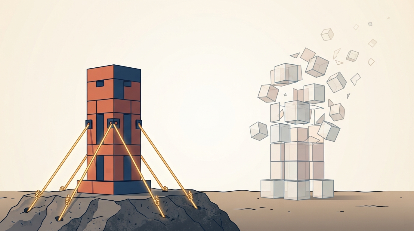 Editorial illustration contrasting solidly anchored, verified content blocks with crumbling, generic unverified structures.
