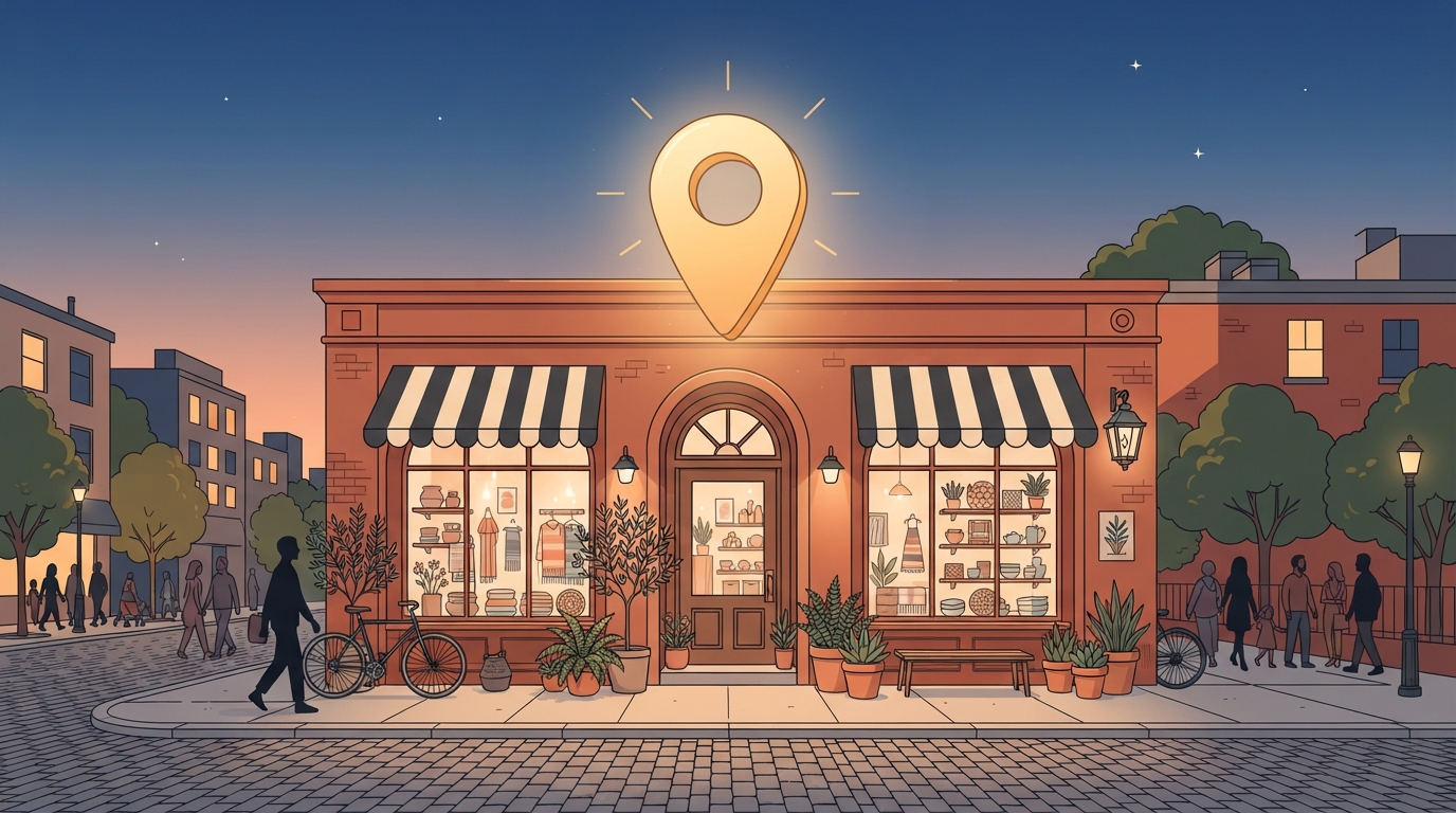 Illustration of a local storefront illuminated by a map pin representing local SEO rankings.