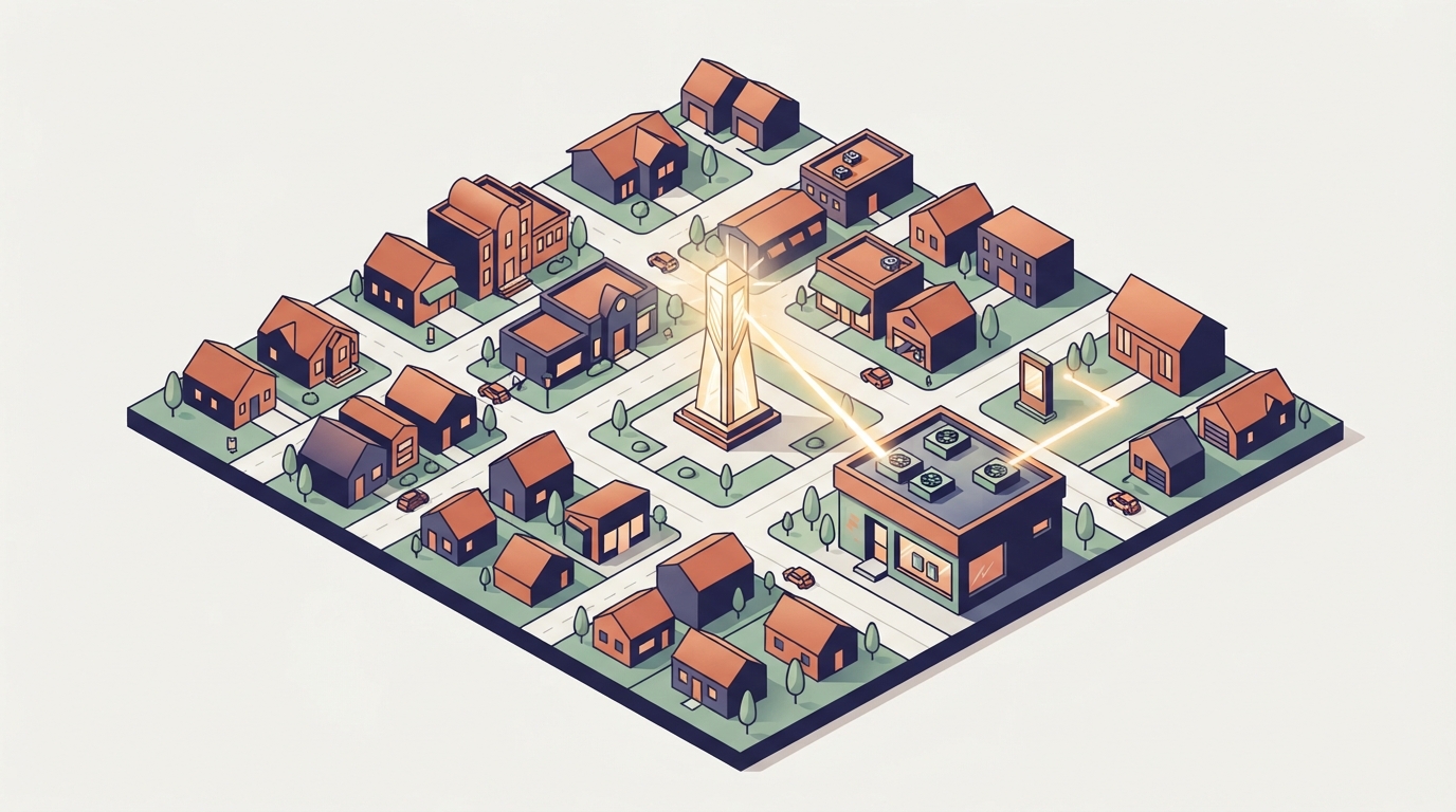 Illustration of local business storefront connected to a central information network hub.